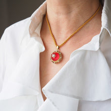 Load image into Gallery viewer, Antique Victorian Diamond & Pearl Star Necklace with Red Rock Crystal Cabochon 15ct Gold - c.1880