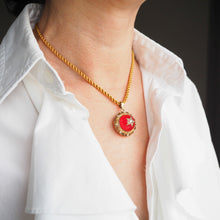 Load image into Gallery viewer, Antique Victorian Diamond & Pearl Star Necklace with Red Rock Crystal Cabochon 15ct Gold - c.1880