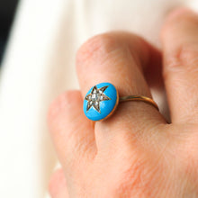 Load image into Gallery viewer, Antique Victorian Diamond Star Ring 9ct Gold Blue Enamel Cabochon - c.1890