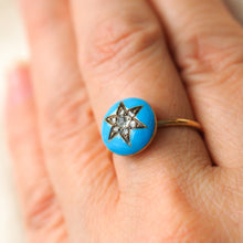 Load image into Gallery viewer, Antique Victorian Diamond Star Ring 9ct Gold Blue Enamel Cabochon - c.1890