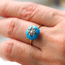 Load image into Gallery viewer, Antique Victorian Diamond Star Ring 9ct Gold Blue Enamel Cabochon - c.1890