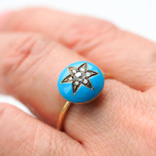 Load image into Gallery viewer, Antique Victorian Diamond Star Ring 9ct Gold Blue Enamel Cabochon - c.1890