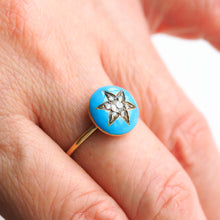Load image into Gallery viewer, Antique Victorian Diamond Star Ring 9ct Gold Blue Enamel Cabochon - c.1890