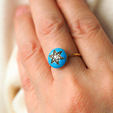 Load image into Gallery viewer, Antique Victorian Diamond Star Ring 9ct Gold Blue Enamel Cabochon - c.1890