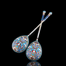 Load image into Gallery viewer, Antique Imperial Russian Solid Silver Pair of Spoons with Cloisonne Enamel - Vasily Agafonov c.1882-1899