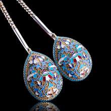 Load image into Gallery viewer, Antique Imperial Russian Solid Silver Pair of Spoons with Cloisonne Enamel - Vasily Agafonov c.1882-1899