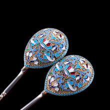 Load image into Gallery viewer, Antique Imperial Russian Solid Silver Pair of Spoons with Cloisonne Enamel - Vasily Agafonov c.1882-1899