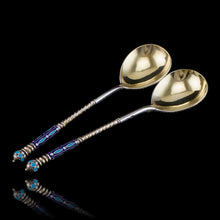 Load image into Gallery viewer, Antique Imperial Russian Solid Silver Pair of Spoons with Cloisonne Enamel - Vasily Agafonov c.1882-1899