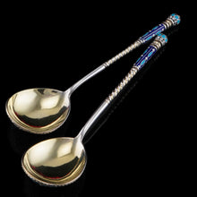 Load image into Gallery viewer, Antique Imperial Russian Solid Silver Pair of Spoons with Cloisonne Enamel - Vasily Agafonov c.1882-1899
