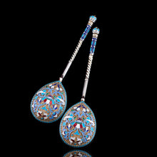 Load image into Gallery viewer, Antique Imperial Russian Solid Silver Pair of Spoons with Cloisonne Enamel - Vasily Agafonov c.1882-1899