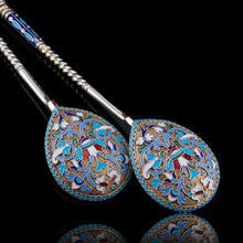 Load image into Gallery viewer, Antique Imperial Russian Solid Silver Pair of Spoons with Cloisonne Enamel - Vasily Agafonov c.1882-1899