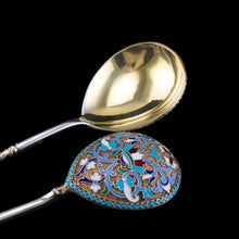 Load image into Gallery viewer, Antique Imperial Russian Solid Silver Pair of Spoons with Cloisonne Enamel - Vasily Agafonov c.1882-1899