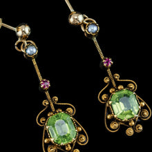 Load image into Gallery viewer, Antique Peridot Ruby and Pearl Earrings 18k Gold Cannetille Suffragette Design