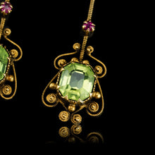 Load image into Gallery viewer, Antique Peridot Ruby and Pearl Earrings 18k Gold Cannetille Suffragette Design