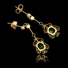 Load image into Gallery viewer, Antique Peridot Ruby and Pearl Earrings 18k Gold Cannetille Suffragette Design