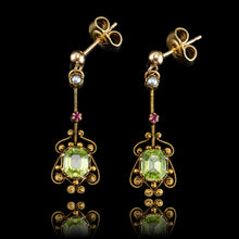 Load image into Gallery viewer, Antique Peridot Ruby and Pearl Earrings 18k Gold Cannetille Suffragette Design
