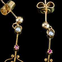 Load image into Gallery viewer, Antique Peridot Ruby and Pearl Earrings 18k Gold Cannetille Suffragette Design