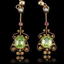 Load image into Gallery viewer, Antique Peridot Ruby and Pearl Earrings 18k Gold Cannetille Suffragette Design