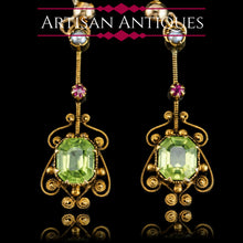 Load image into Gallery viewer, Antique Peridot Ruby and Pearl Earrings 18k Gold Cannetille Suffragette Design