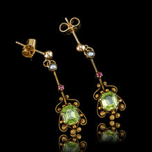 Load image into Gallery viewer, Antique Peridot Ruby and Pearl Earrings 18k Gold Cannetille Suffragette Design