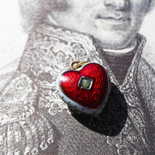 Load image into Gallery viewer, Antique Victorian Puffy Heart Pendant Necklace Red & White Enamel 9K - c.1900