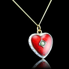 Load image into Gallery viewer, Antique Victorian Puffy Heart Pendant Necklace Red & White Enamel 9K - c.1900