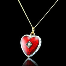 Load image into Gallery viewer, Antique Victorian Puffy Heart Pendant Necklace Red & White Enamel 9K - c.1900