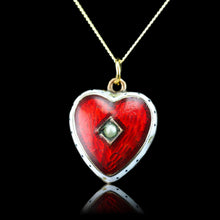 Load image into Gallery viewer, Antique Victorian Puffy Heart Pendant Necklace Red & White Enamel 9K - c.1900