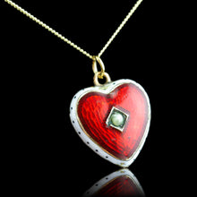 Load image into Gallery viewer, Antique Victorian Puffy Heart Pendant Necklace Red & White Enamel 9K - c.1900