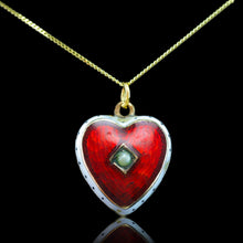 Load image into Gallery viewer, Antique Victorian Puffy Heart Pendant Necklace Red & White Enamel 9K - c.1900