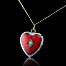 Load image into Gallery viewer, Antique Victorian Puffy Heart Pendant Necklace Red & White Enamel 9K - c.1900