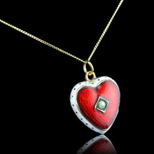 Load image into Gallery viewer, Antique Victorian Puffy Heart Pendant Necklace Red & White Enamel 9K - c.1900