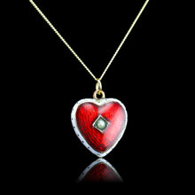 Load image into Gallery viewer, Antique Victorian Puffy Heart Pendant Necklace Red & White Enamel 9K - c.1900