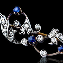 Load image into Gallery viewer, Antique Victorian Sapphire and Diamond Brooch with Foliate Motif 9K Gold- c.1880