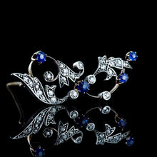Load image into Gallery viewer, Antique Victorian Sapphire and Diamond Brooch with Foliate Motif 9K Gold- c.1880
