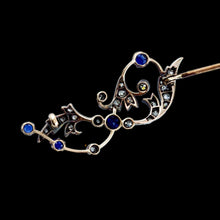 Load image into Gallery viewer, Antique Victorian Sapphire and Diamond Brooch with Foliate Motif 9K Gold- c.1880