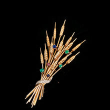 Load image into Gallery viewer, Antique/Vintage 9ct Gold Harvest Wheat Brooch with Emeralds, Sapphires, Diamonds & Ruby - c.1940