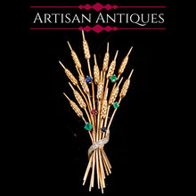 Load image into Gallery viewer, Antique/Vintage 9ct Gold Harvest Wheat Brooch with Emeralds, Sapphires, Diamonds & Ruby - c.1940