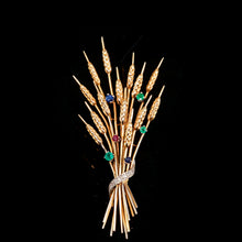 Load image into Gallery viewer, Antique/Vintage 9ct Gold Harvest Wheat Brooch with Emeralds, Sapphires, Diamonds & Ruby - c.1940