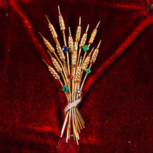 Load image into Gallery viewer, Antique/Vintage 9ct Gold Harvest Wheat Brooch with Emeralds, Sapphires, Diamonds & Ruby - c.1940