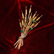 Load image into Gallery viewer, Antique/Vintage 9ct Gold Harvest Wheat Brooch with Emeralds, Sapphires, Diamonds & Ruby - c.1940