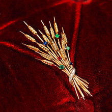 Load image into Gallery viewer, Antique/Vintage 9ct Gold Harvest Wheat Brooch with Emeralds, Sapphires, Diamonds & Ruby - c.1940