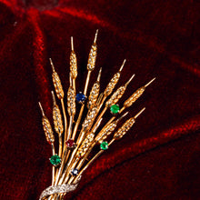 Load image into Gallery viewer, Antique/Vintage 9ct Gold Harvest Wheat Brooch with Emeralds, Sapphires, Diamonds & Ruby - c.1940