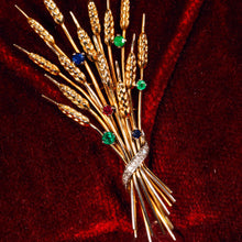 Load image into Gallery viewer, Antique/Vintage 9ct Gold Harvest Wheat Brooch with Emeralds, Sapphires, Diamonds & Ruby - c.1940