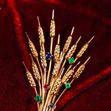 Load image into Gallery viewer, Antique/Vintage 9ct Gold Harvest Wheat Brooch with Emeralds, Sapphires, Diamonds & Ruby - c.1940