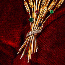 Load image into Gallery viewer, Antique/Vintage 9ct Gold Harvest Wheat Brooch with Emeralds, Sapphires, Diamonds & Ruby - c.1940