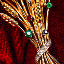 Load image into Gallery viewer, Antique/Vintage 9ct Gold Harvest Wheat Brooch with Emeralds, Sapphires, Diamonds & Ruby - c.1940
