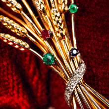 Load image into Gallery viewer, Antique/Vintage 9ct Gold Harvest Wheat Brooch with Emeralds, Sapphires, Diamonds & Ruby - c.1940