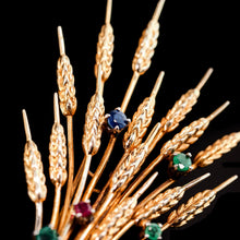 Load image into Gallery viewer, Antique/Vintage 9ct Gold Harvest Wheat Brooch with Emeralds, Sapphires, Diamonds & Ruby - c.1940