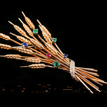 Load image into Gallery viewer, Antique/Vintage 9ct Gold Harvest Wheat Brooch with Emeralds, Sapphires, Diamonds & Ruby - c.1940